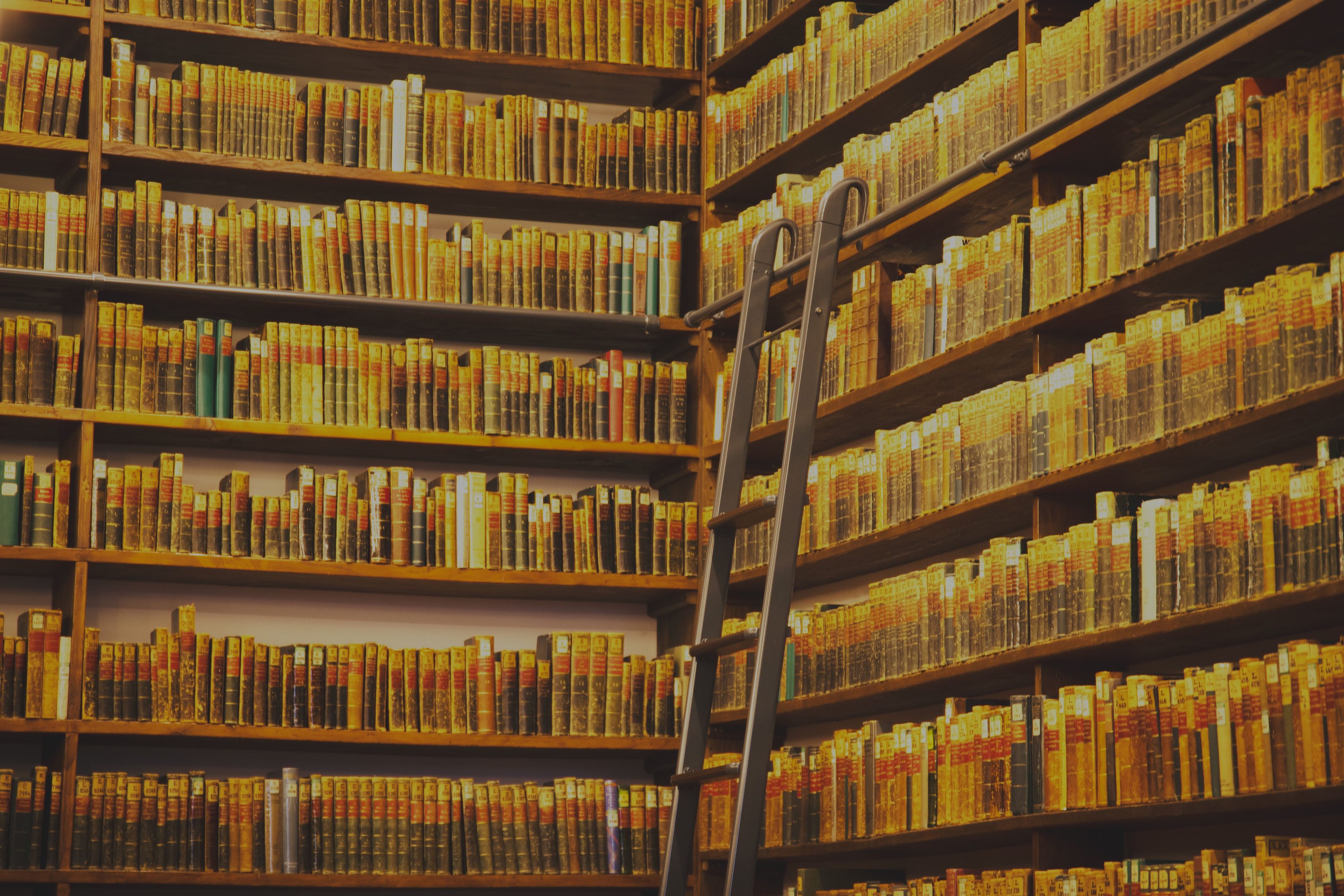 Библиотека с високи дървени рафтове, пълни със стари книги, и стълба