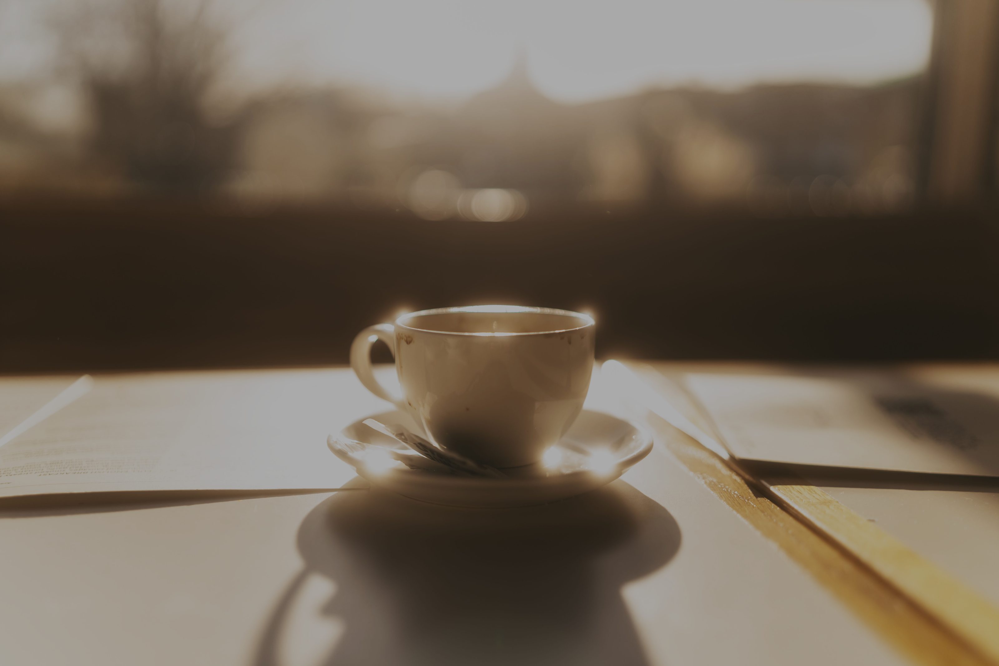 Чаша кафе върху маса до разгърнати страници на слънце до прозорец